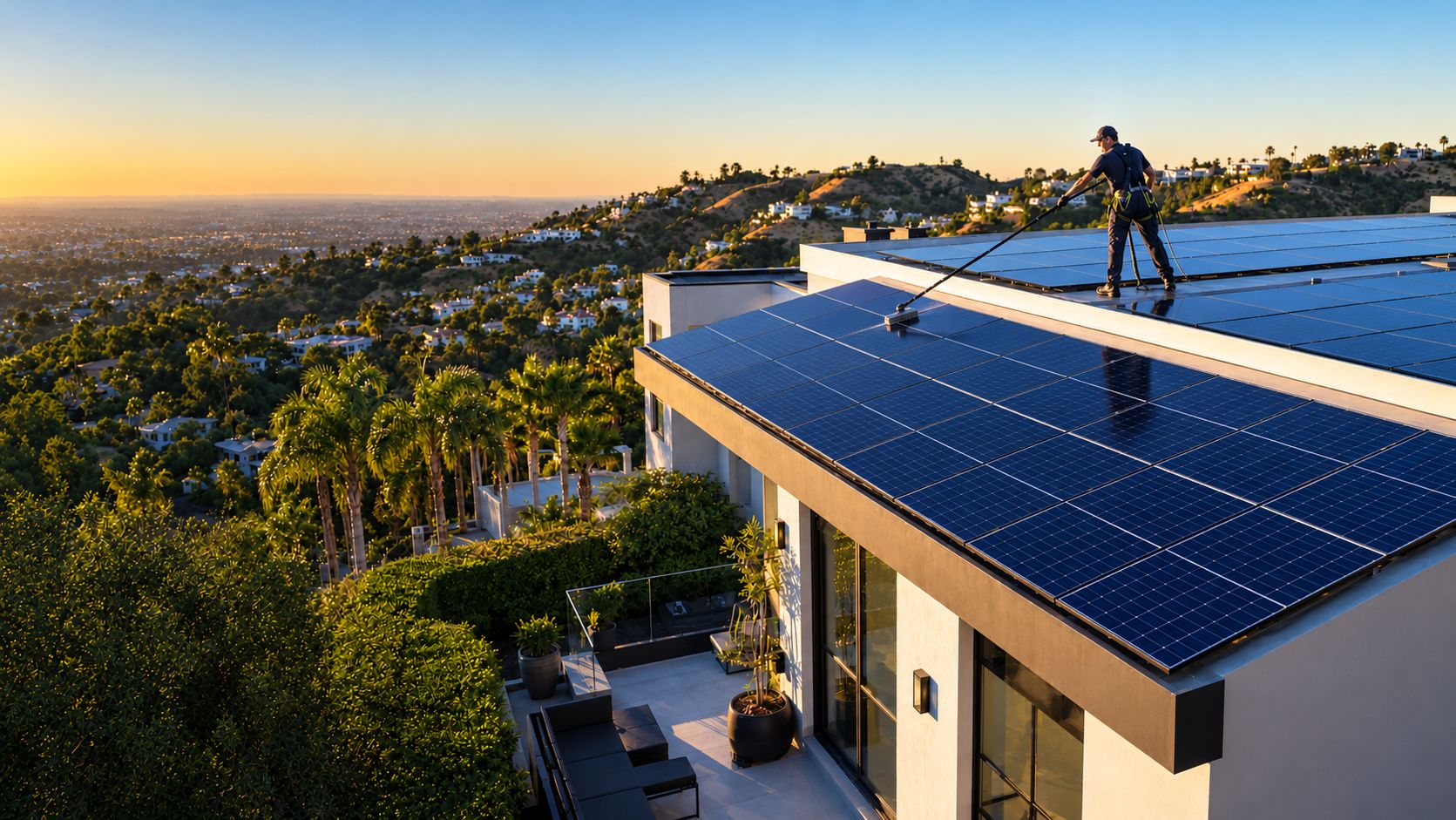 Technician cleaning rooftop solar panels above the Los Angeles hills